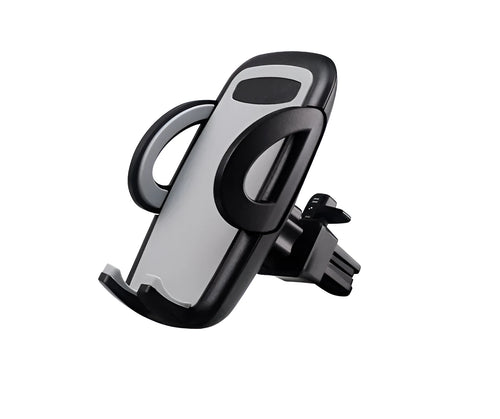 Black ABS plastic car air vent phone holder with adjustable gooseneck arm and universal phone clamp