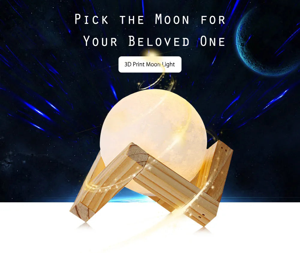 3D printed white moon lamp with detailed lunar surface texture on a wooden holder.