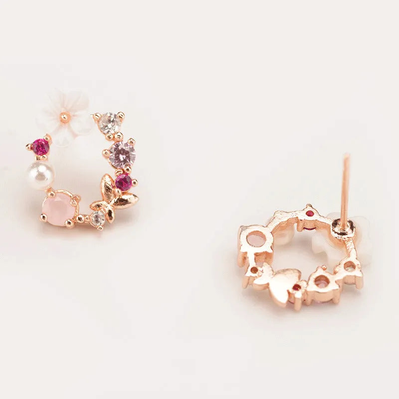 Sweet flower earrings for women alloy rhinestone blue