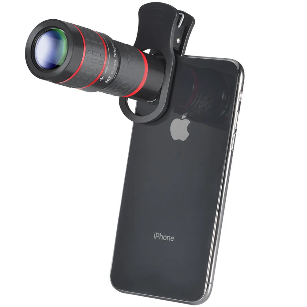 20x magnification smartphone telescope with plastic body, optical glass lens, and universal mounting clip