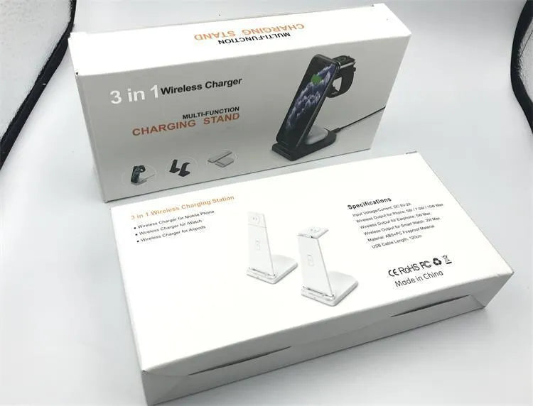 Foldable three-in-one wireless charger for mobile phone, headphones, and smartwatch in black or white