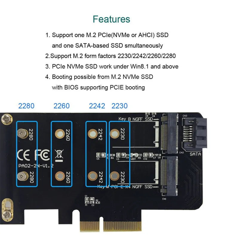 Black M.2 SSD adapter card with PCIe X4 interface, two M.2 slots (Key B and Key M), and support for 2230 2242 2260 2280 sizes