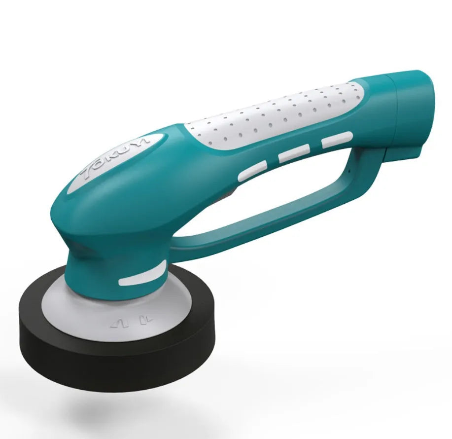 Blue 3.6V rechargeable car polishing machine with mechanical buffer pad on a garage workbench