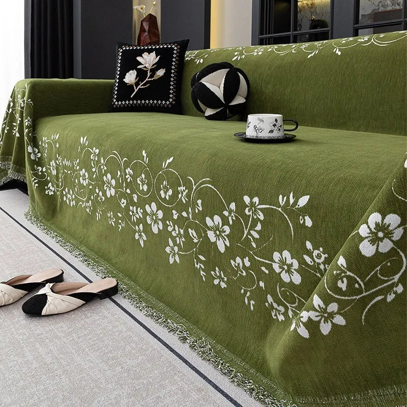 Soft chenille sofa cover with embroidered magnolia floral pattern in garland coffee colour, size 180x230cm