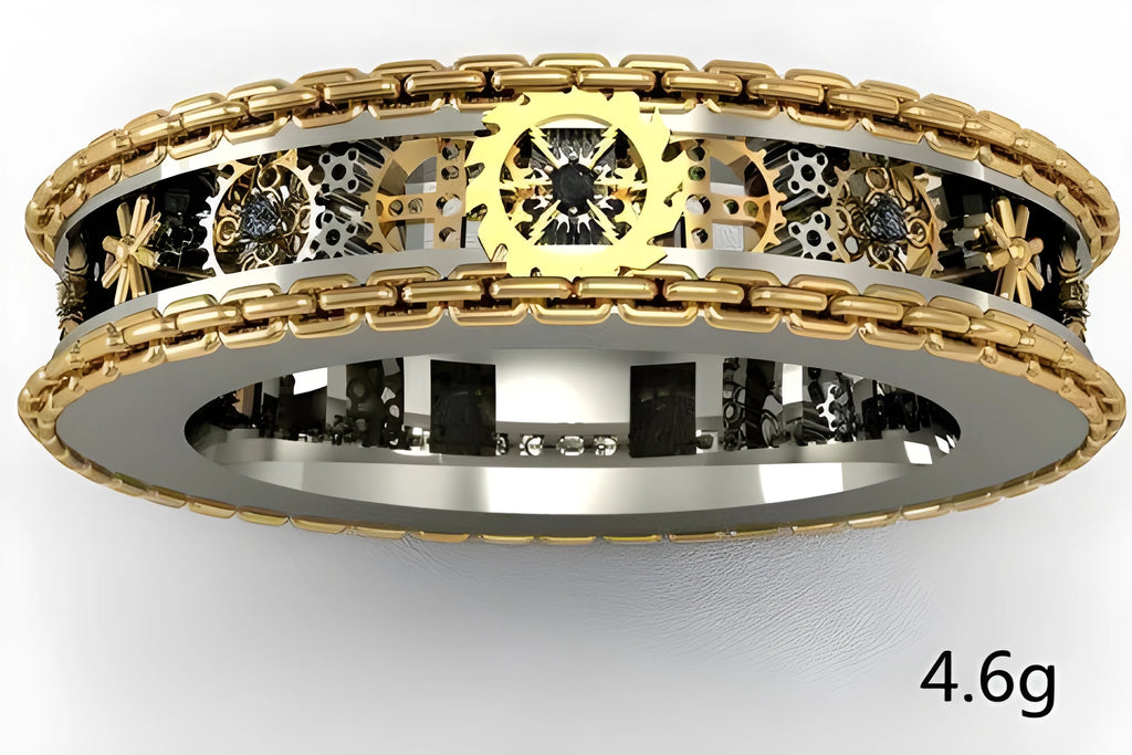 Gears carved finger ring in antique silver with electroplated gold finish, unisex, size 7