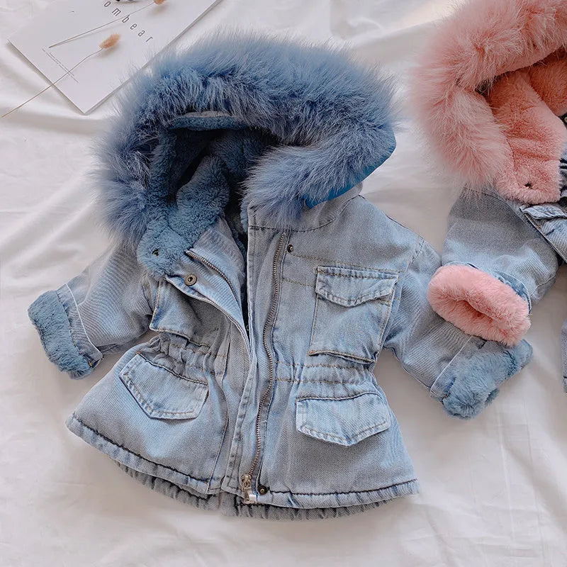 Blue girls denim coat with non-detachable hood and fleece lining.