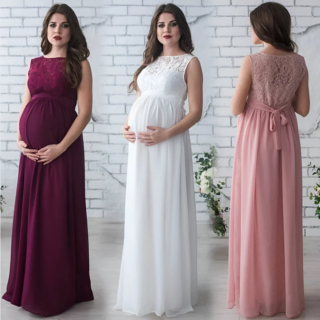 White polyester lace sleeveless maternity dress on a hanger