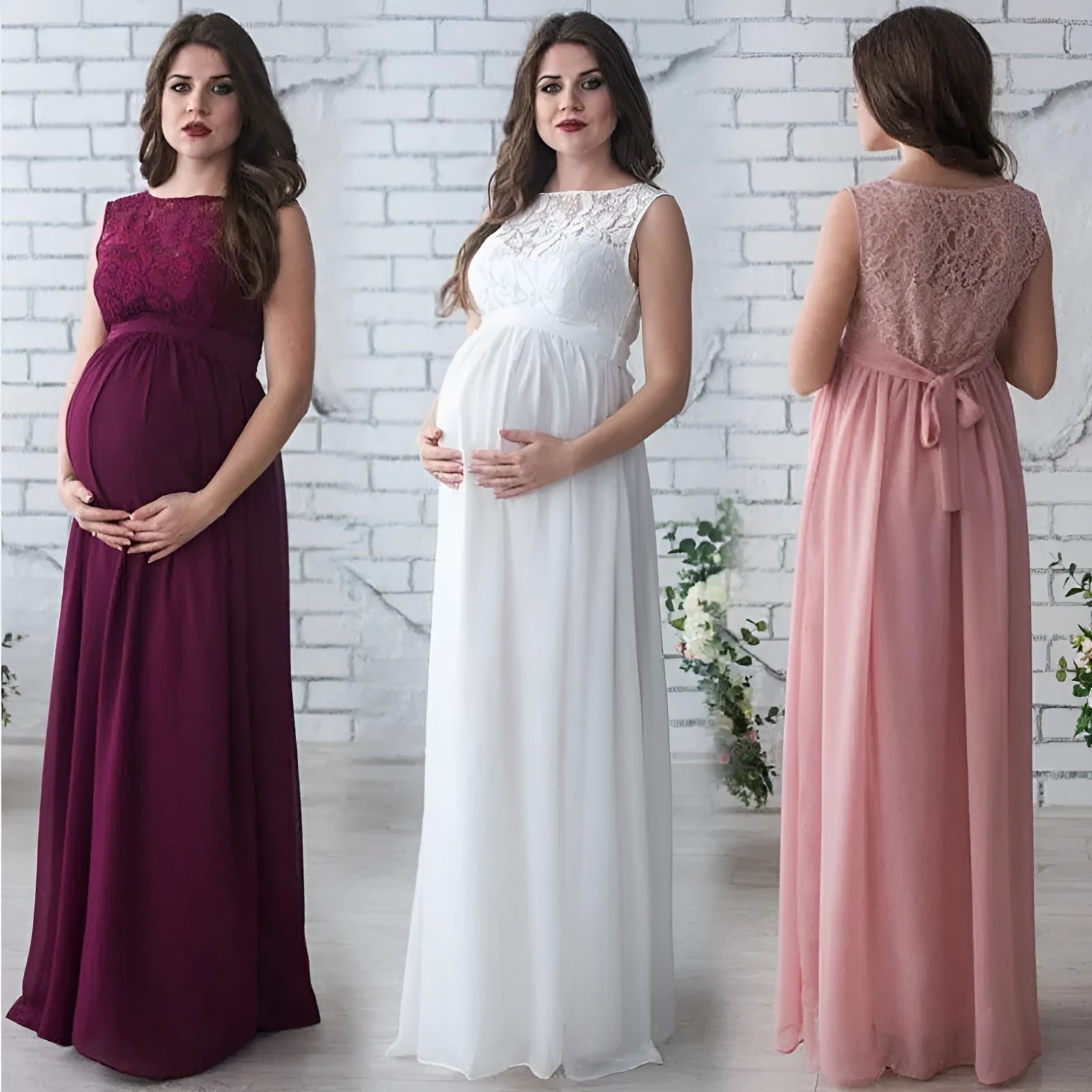 White polyester lace sleeveless maternity dress on a hanger