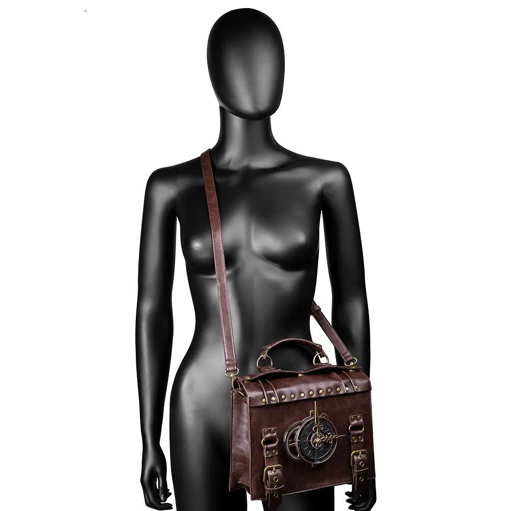 Bronze steampunk industrial retro style shoulder bag with textured PU leather and metal hardware