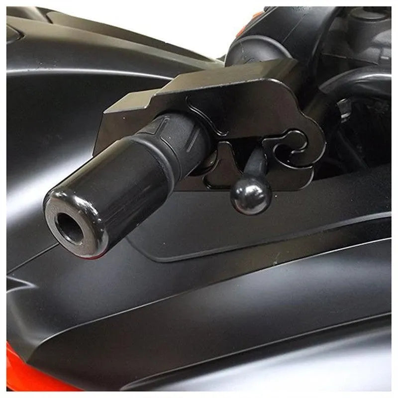 Black motorcycle handlebar lock with CNC aluminium body and stainless steel wire attached to brake lever