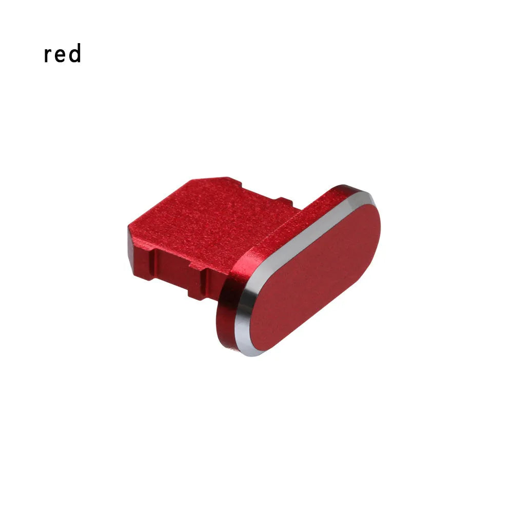 Aluminium alloy charging port dust plug for iPhone in various metallic colours including gold and rose gold.