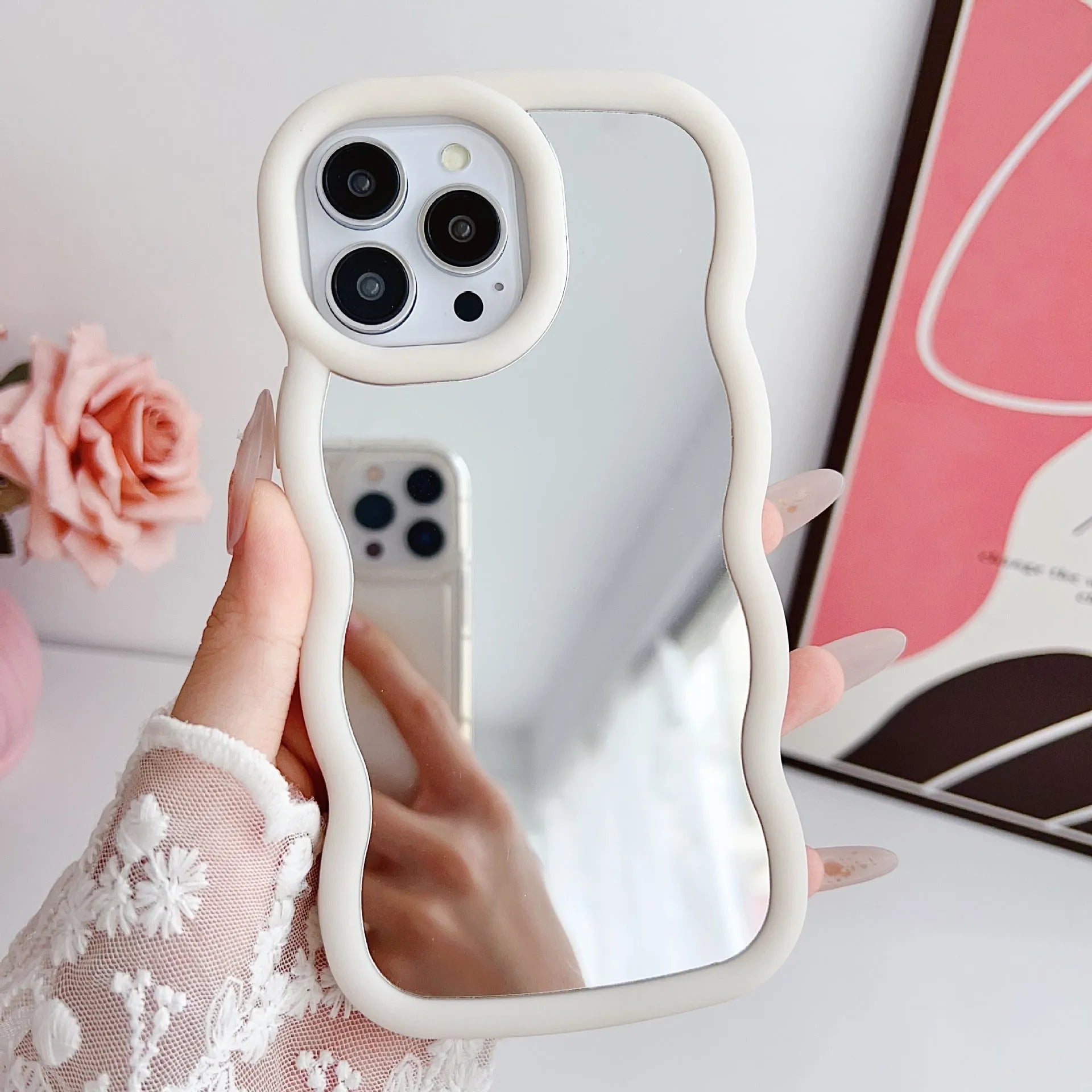 Silicone cloud wave phone case for iPhone 12 to 16 series, black with mirror finish