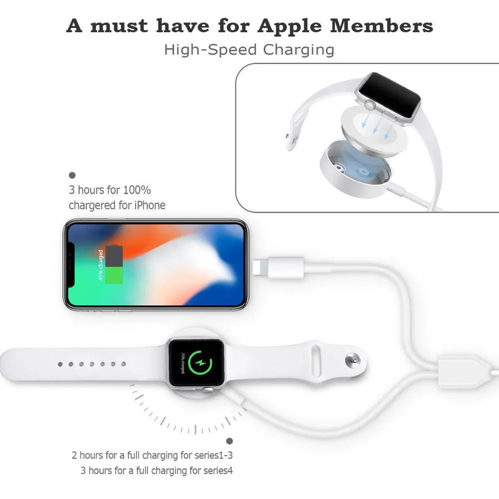 White two-in-one wireless smartwatch charger with USB connection port