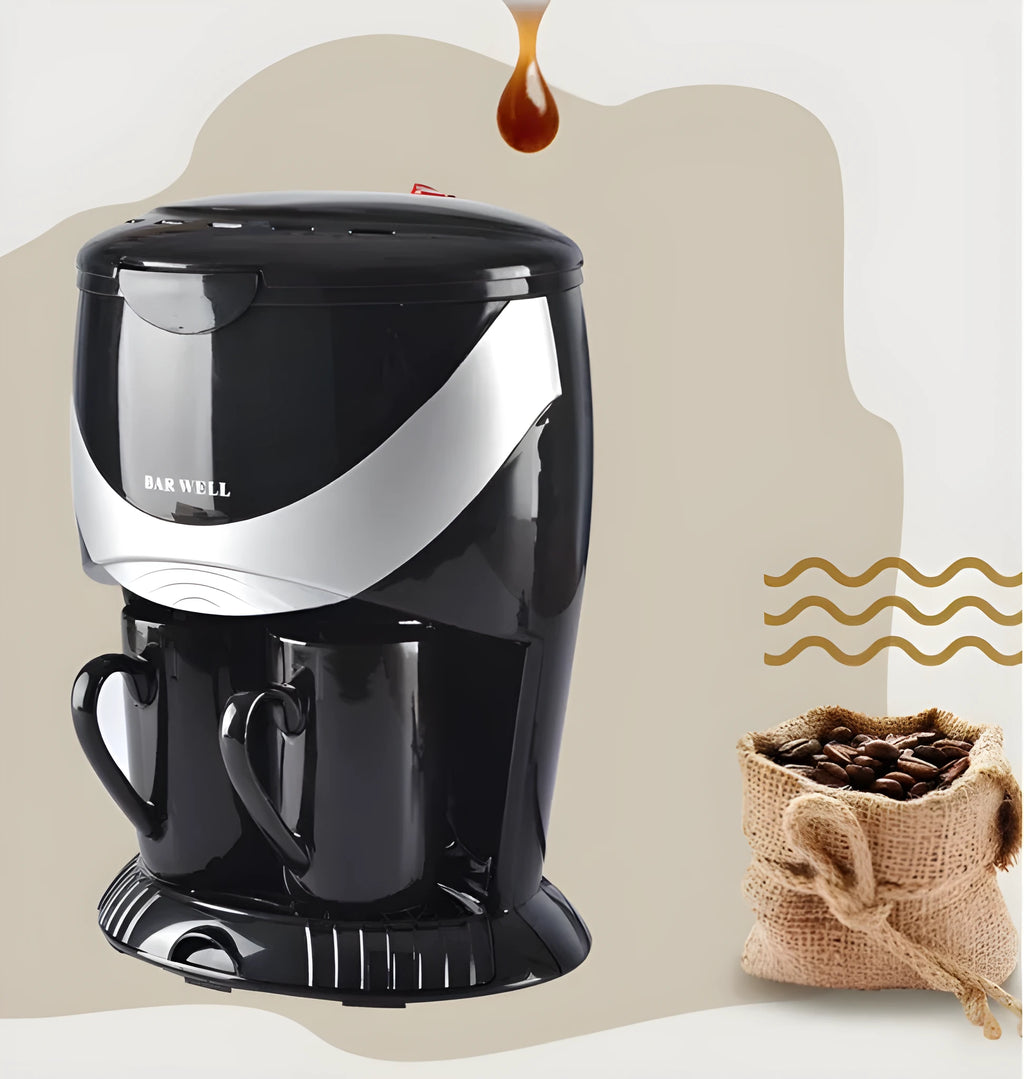 Automatic American coffee machine 230V 500W dual cup black model with two 180ml cups and spoon