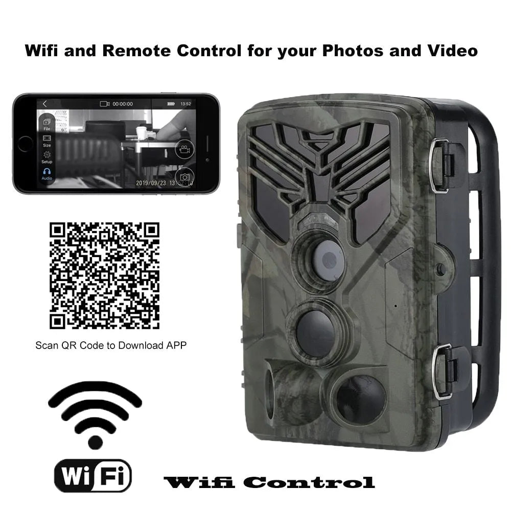 Wi-Fi830 compact trail camera showing lens, infrared LEDs, and belt mount strap.