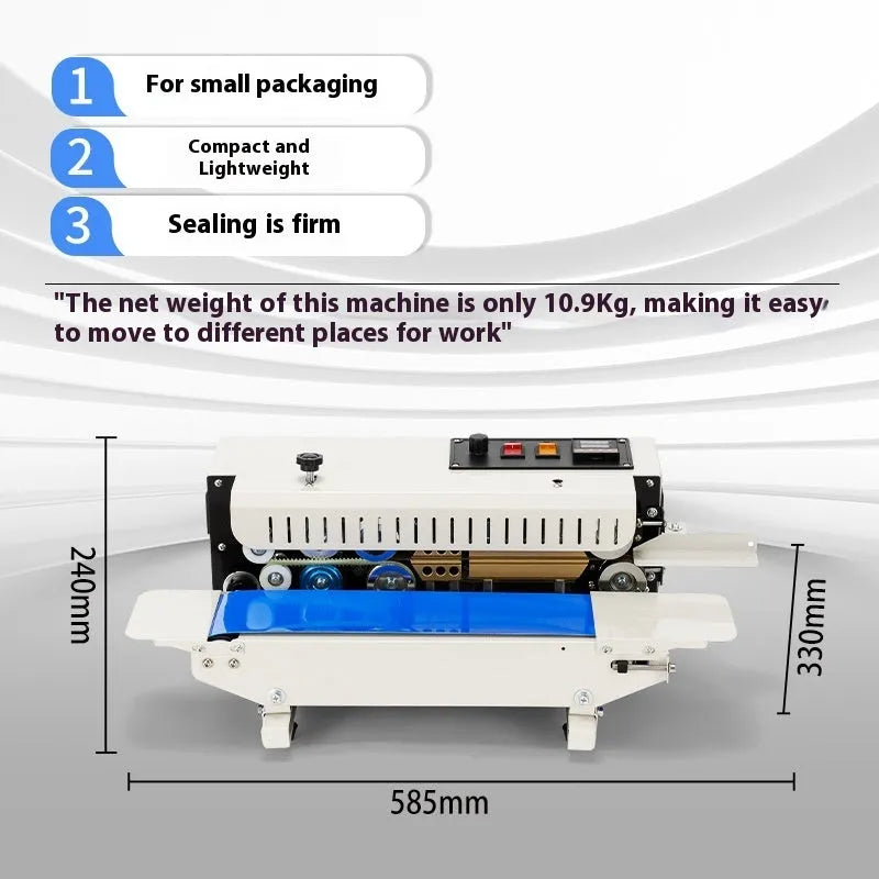 Compact manual sealing machine with date stamp on steel head, placed on a kitchen worktop.
