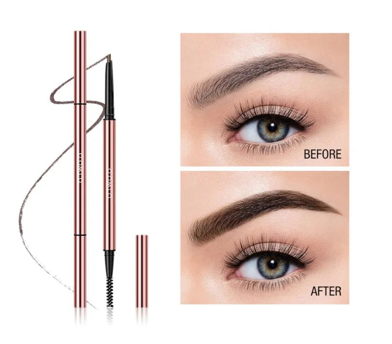 Slim eyebrow makeup pencil in colour box packaging with six shade options.