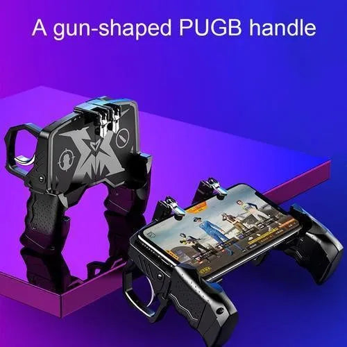 Black multi-function gamepad with zinc alloy trigger and phone holder for 4-6.5 inch smartphones.