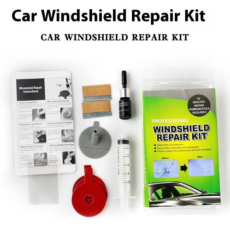 Car windscreen repair kit box containing UV lamp, green resin syringe, injection tools, and yellow bracket.
