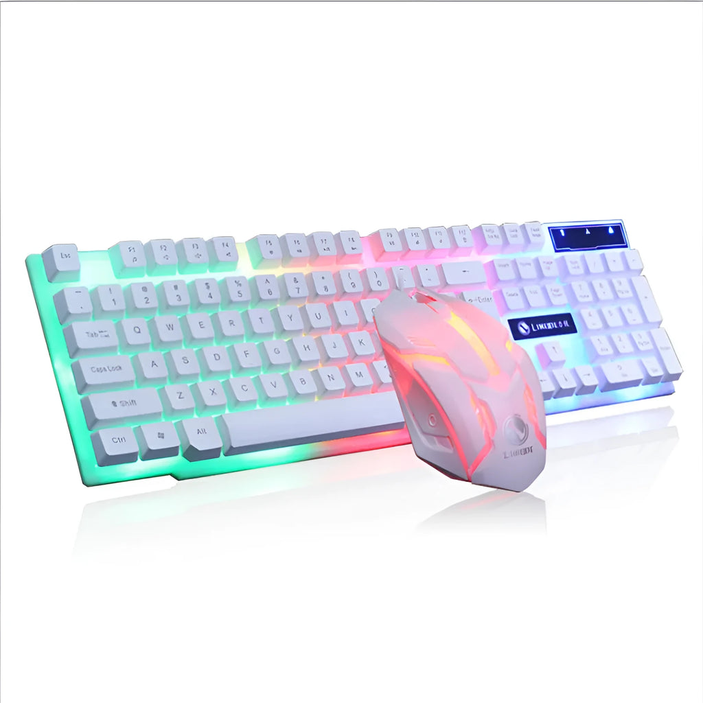 Limei GTX300 white mechanical keyboard and mouse set with backlit keys on a desk.