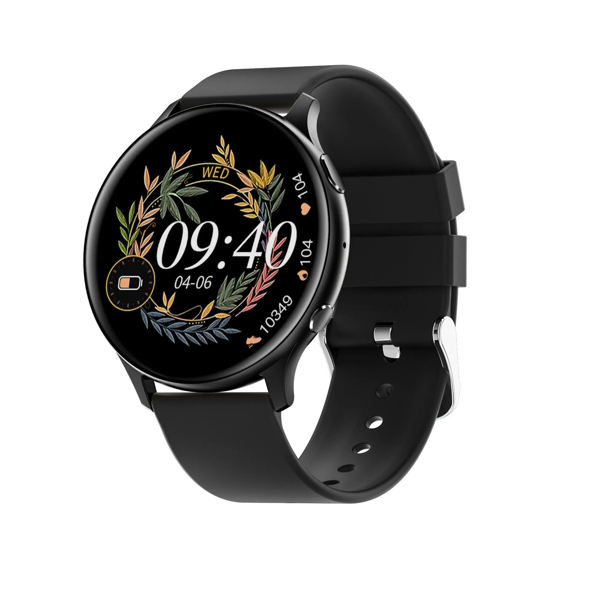 Black smartwatch with silicone strap showing heart rate and call functions on a 1.32-inch screen
