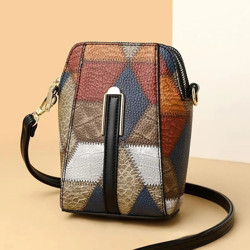 Fashion soft PU shoulder bag with visible stitching detail in irregular blue and brown colour