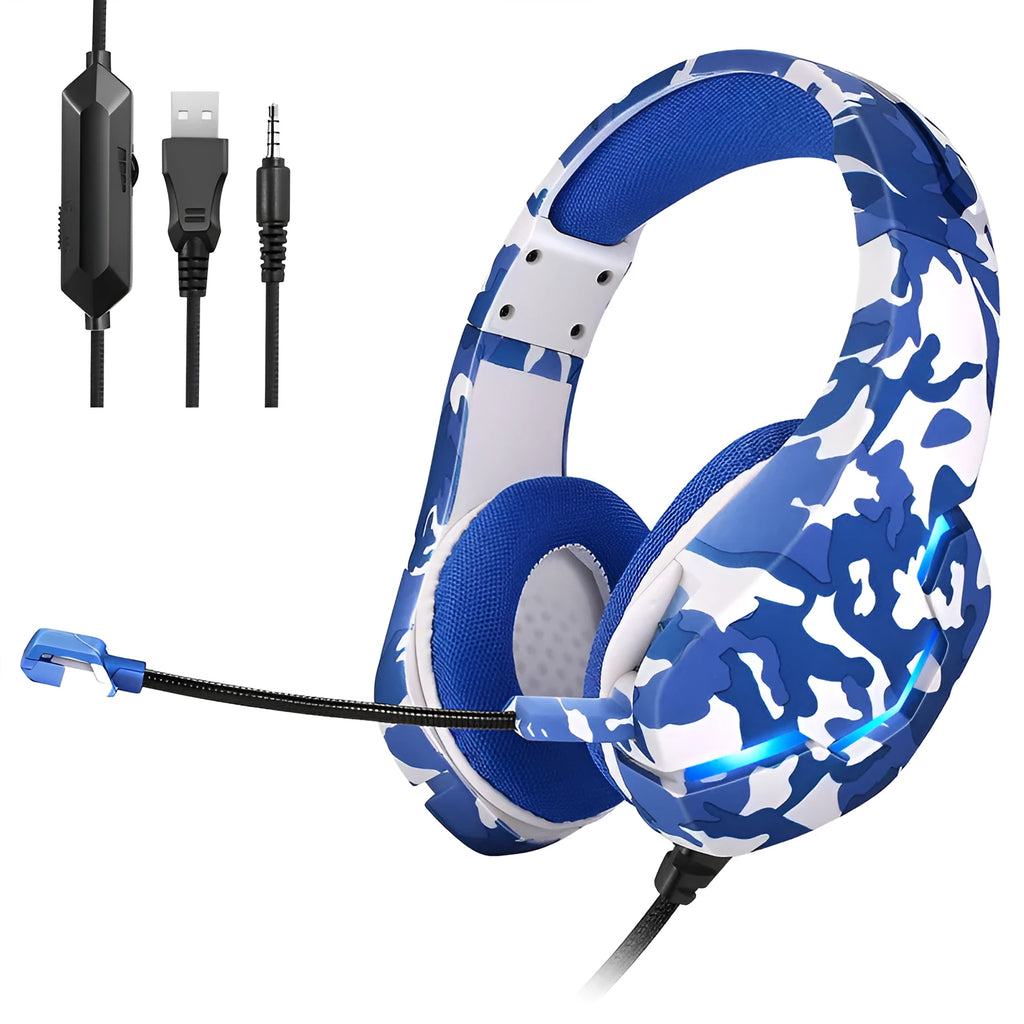 Wired gaming headset with cloth earmuffs and braided cable in camouflage colour