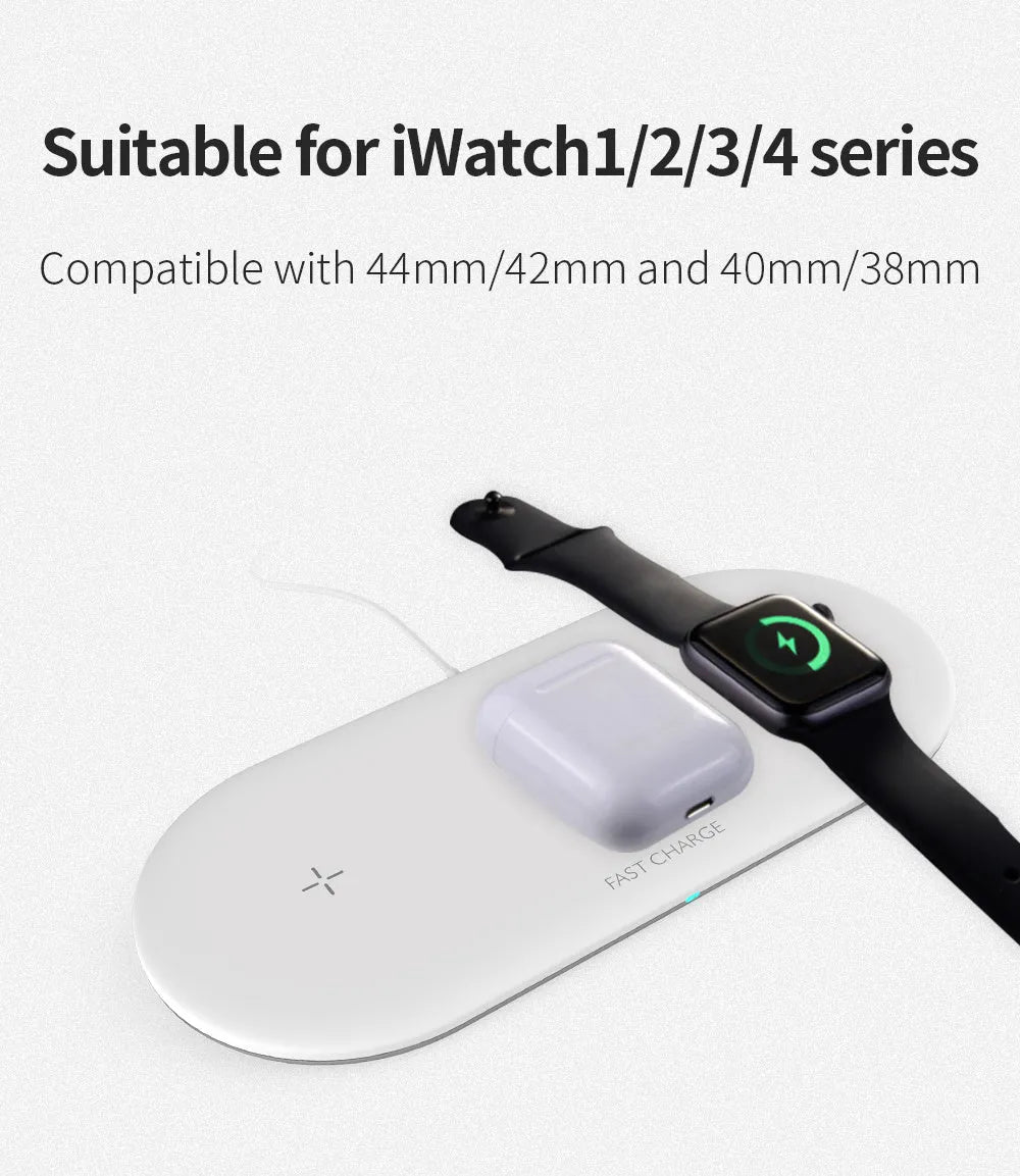 Black and white three-in-one wireless charging station for Apple iPhone, iWatch, and headphones on a desk.