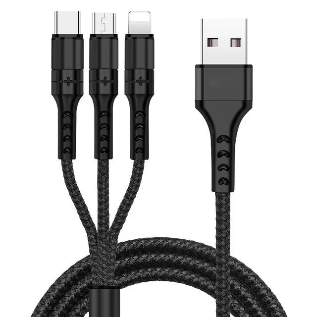 Three-in-one charging cable in black with Apple, Android, and Type-C connectors on a plain background