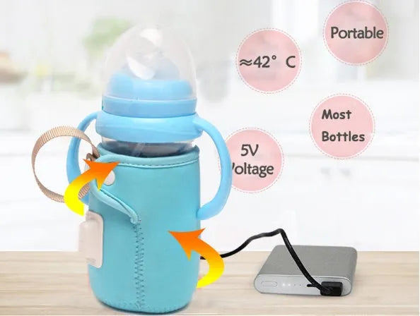 Long blue insulated cotton USB baby bottle warmer wrapped around a feeding bottle.
