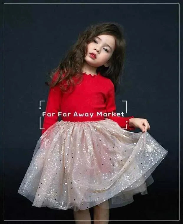 Red Christmas dress for girls with embroidered star pattern and lace detailing