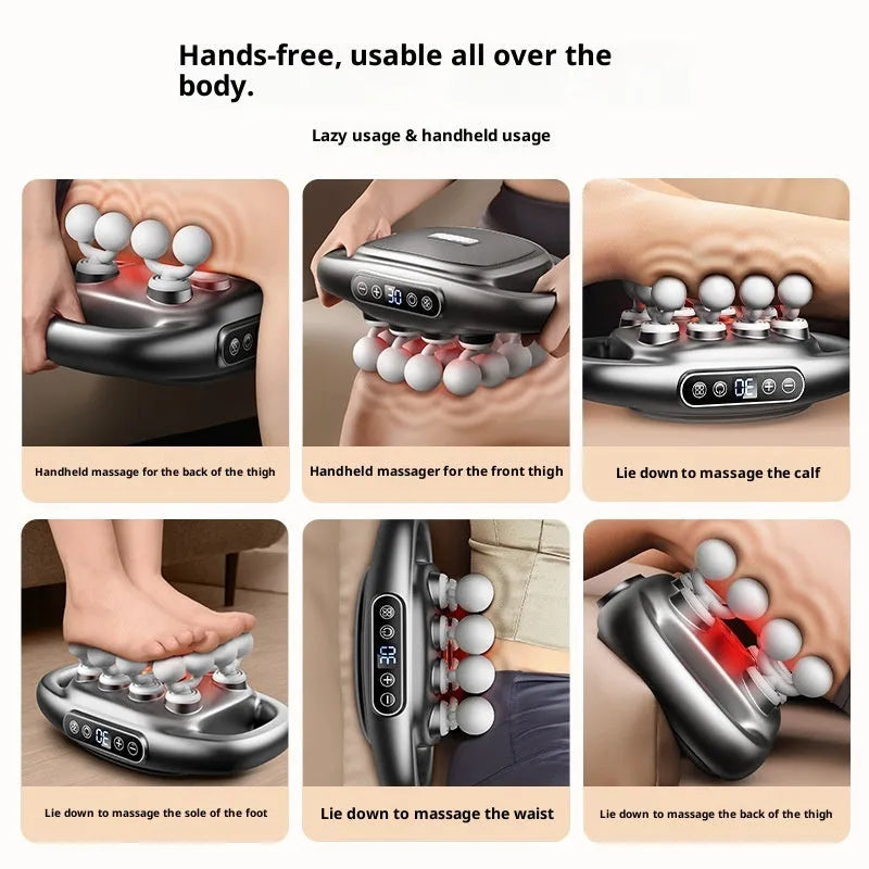Black multi-head muscle relaxation massager with LED screen for calf back and waist, showing 16 heads