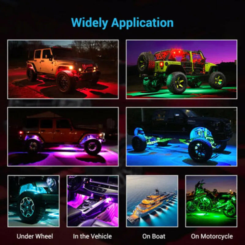 10-pod RGB rock light kit in black, with APP and remote control, IP68 waterproof, installed under a truck showing color options