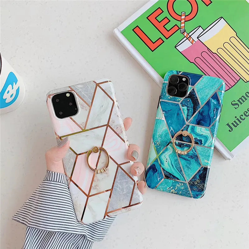 Geometric plating design TPU iPhone back cover case with an integrated metal bracket ring.