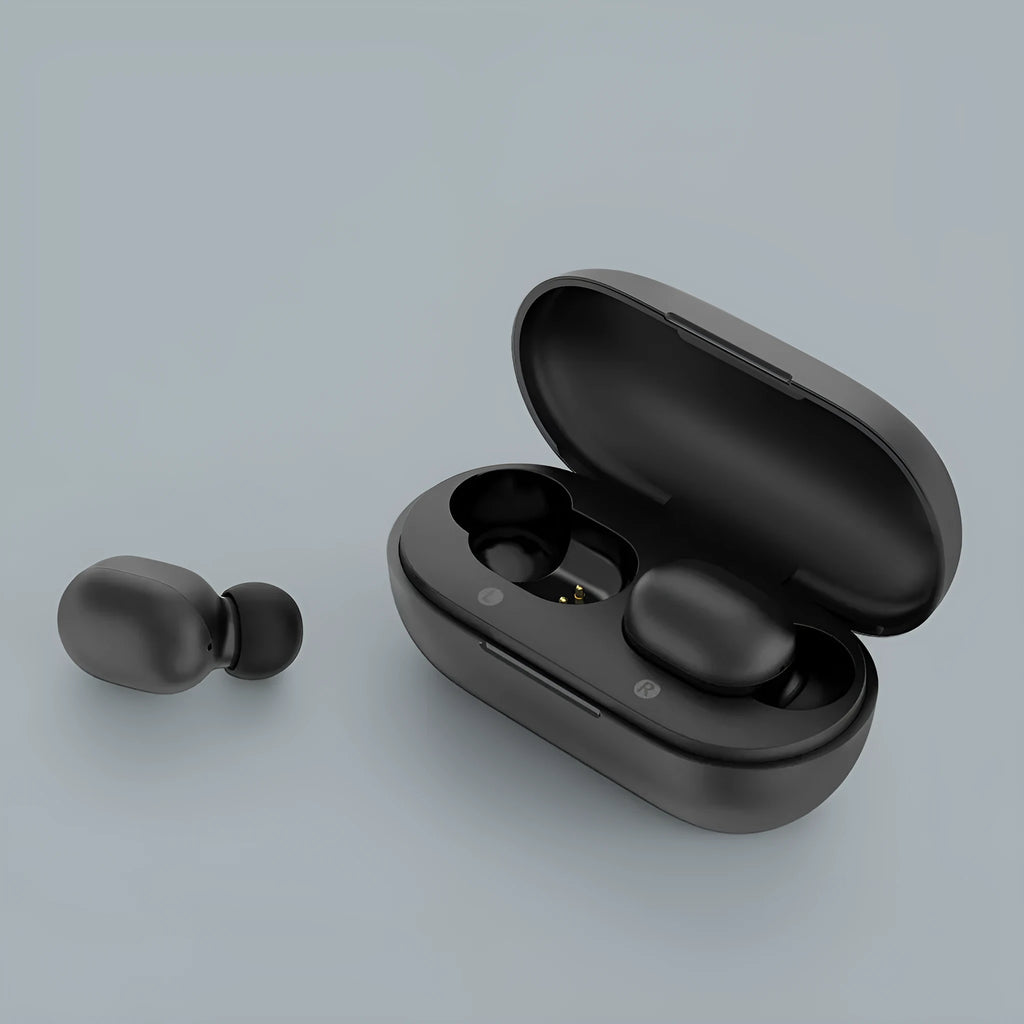 Black true wireless Bluetooth earbuds with stereo sound and multi-point connectivity