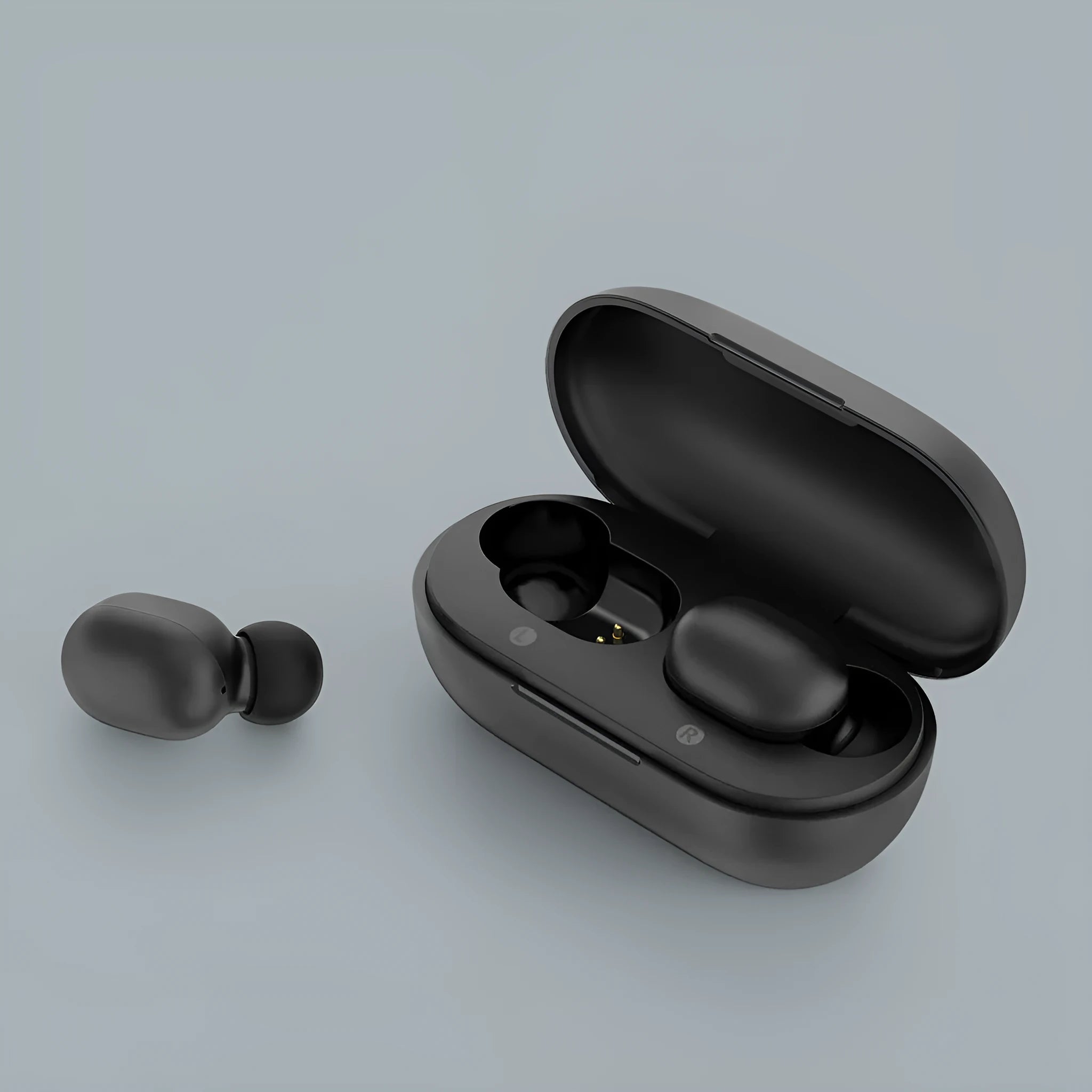 Black true wireless Bluetooth earbuds with stereo sound and multi-point connectivity