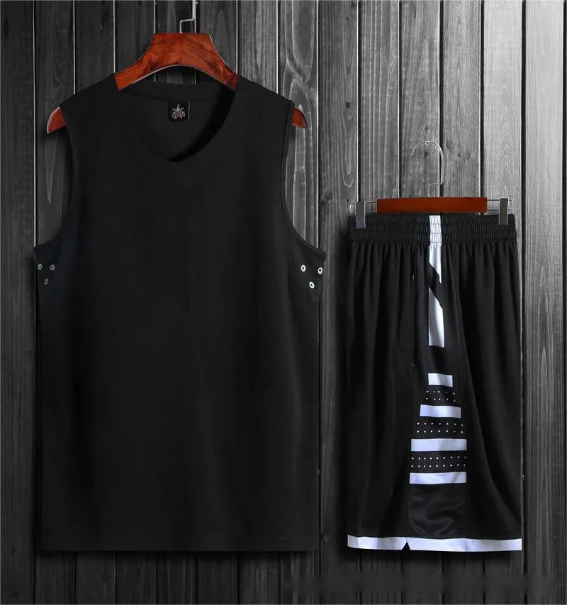 White and black breathable sports vest and pants set for basketball and fitness training.