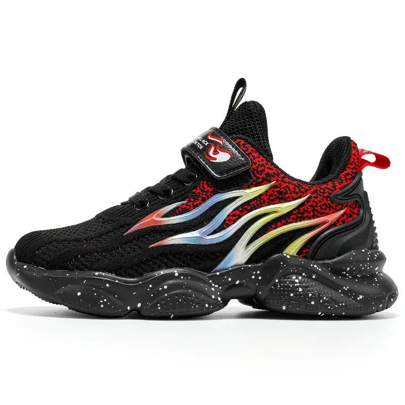 Boys' sneakers in mesh and textile with anti-slip rubber sole, shown in beige, black gold, and black red colour options.