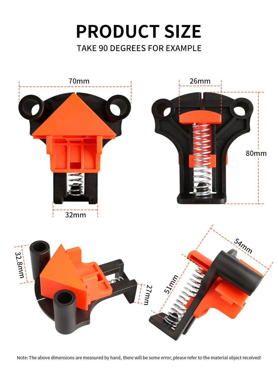 Four plastic 90-degree right-angle woodworking clamps for picture frame assembly.