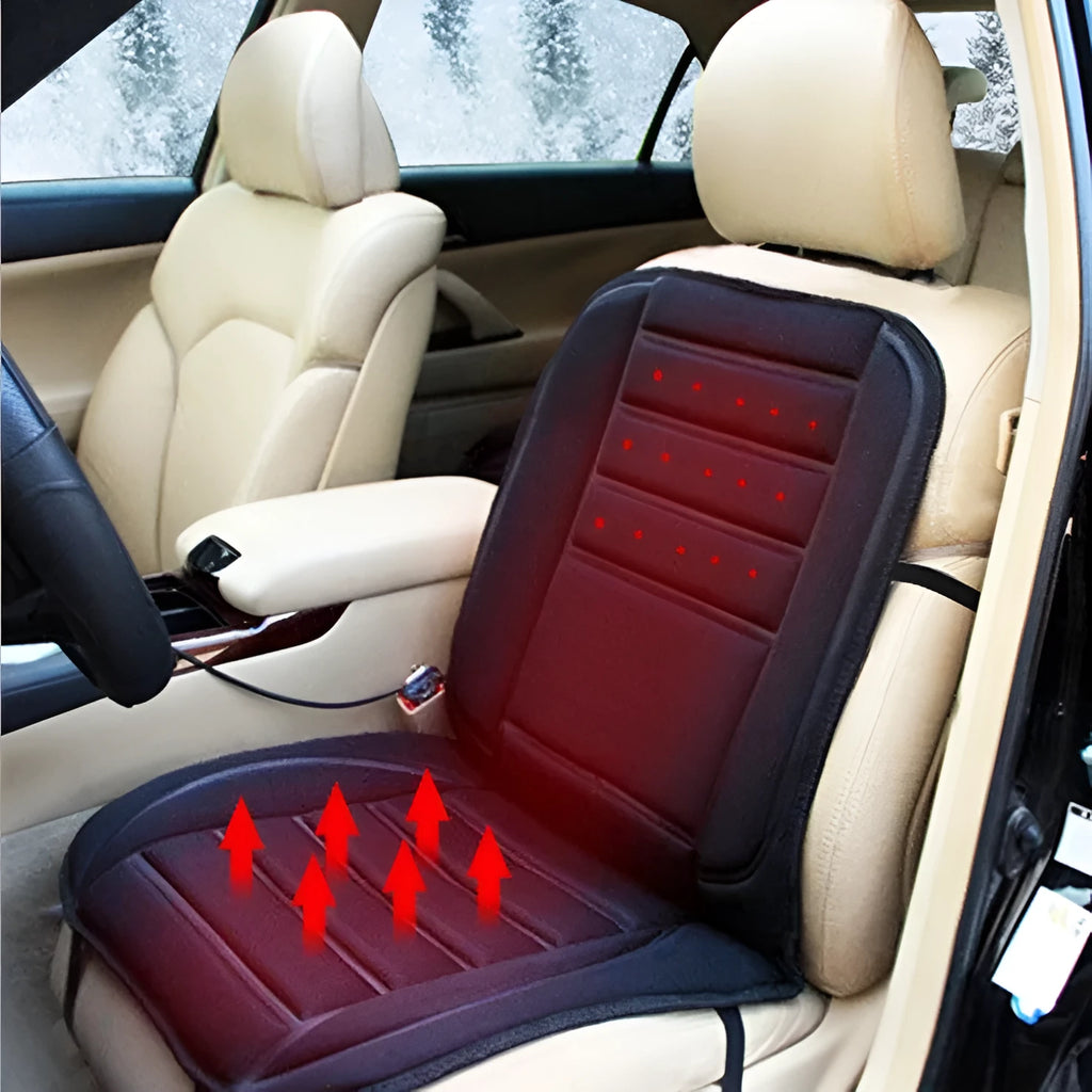 Black car heating cushion with elastic straps on a car seat, 12V plug and temperature control switch visible