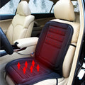 Black car heating cushion with elastic straps on a car seat, 12V plug and temperature control switch visible