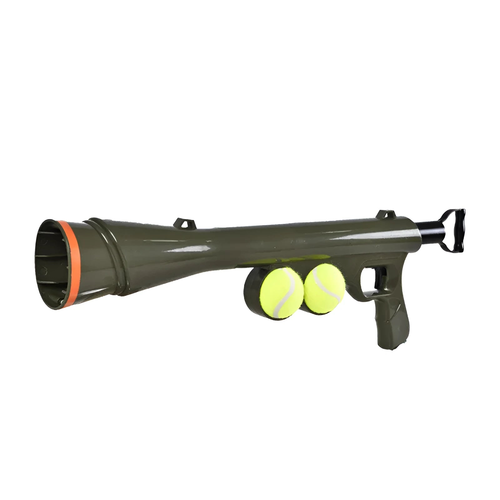 Black ABS plastic tennis ball launcher for dogs with two included tennis balls