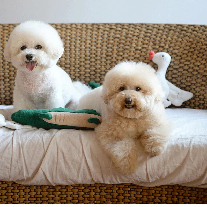 Green plush toy dog stuffed animal measuring 35 cm tall on a white background.