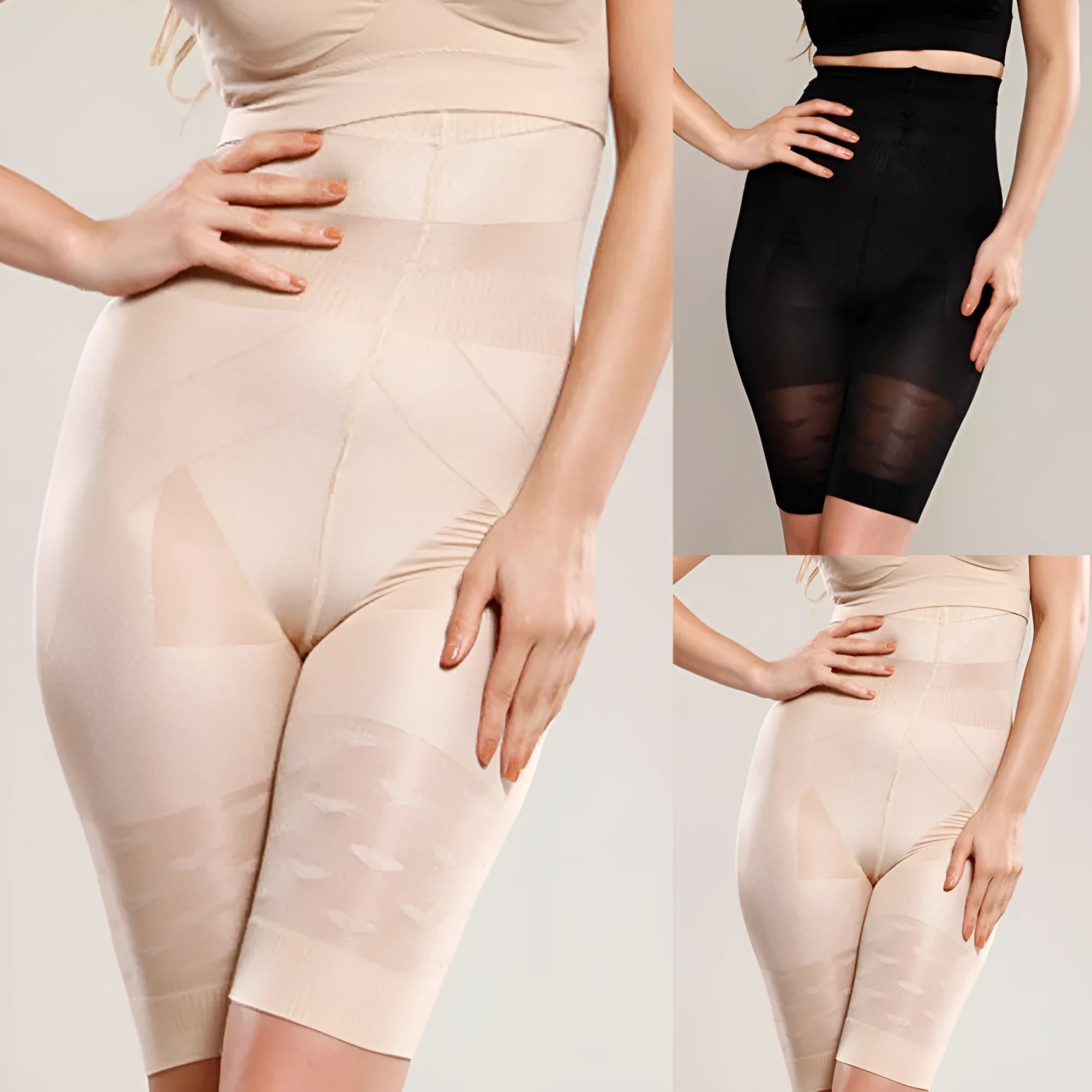 Black seamless high-waist shapewear shorts for women on a hanger.