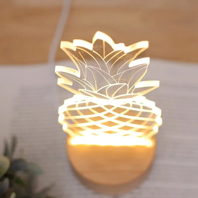 Wood and acrylic cartoon pineapple USB bedside lamp with dimming switch on a table.