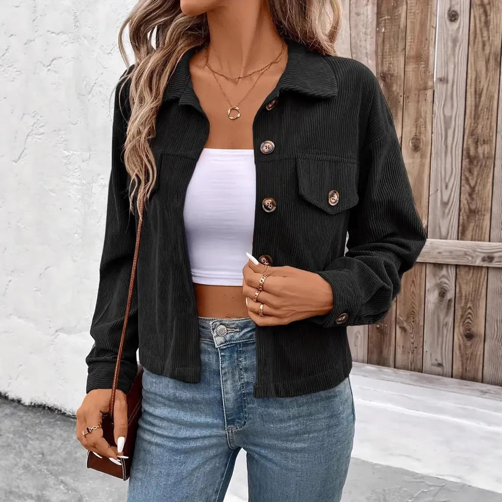 Women's retro artistic polyester shirt coat jacket in loose fit with button front
