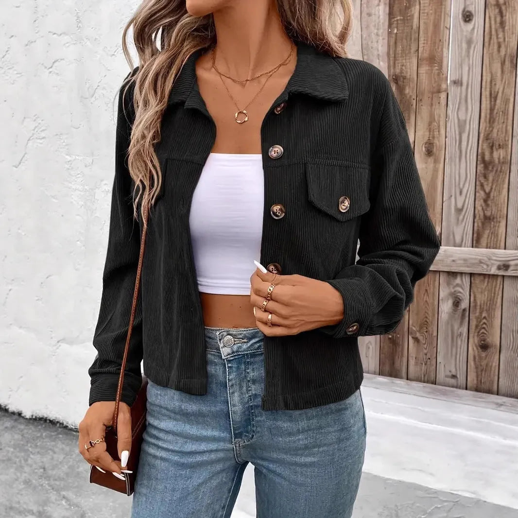 Women's retro artistic polyester shirt coat jacket in loose fit with button front