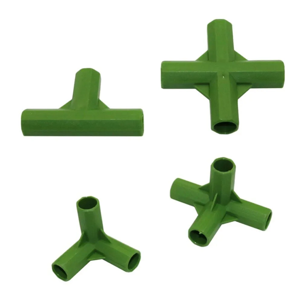 Three-way and four-way plant support connectors for 11mm garden stakes