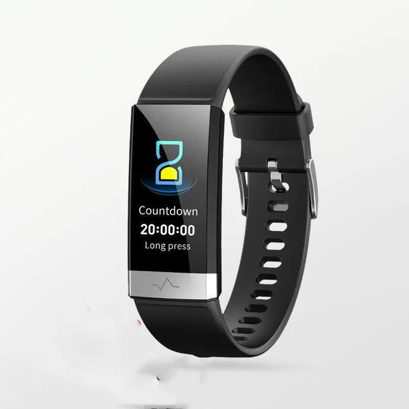 V19 smart fitness bracelet in black, blue, or red with a display showing health metrics.