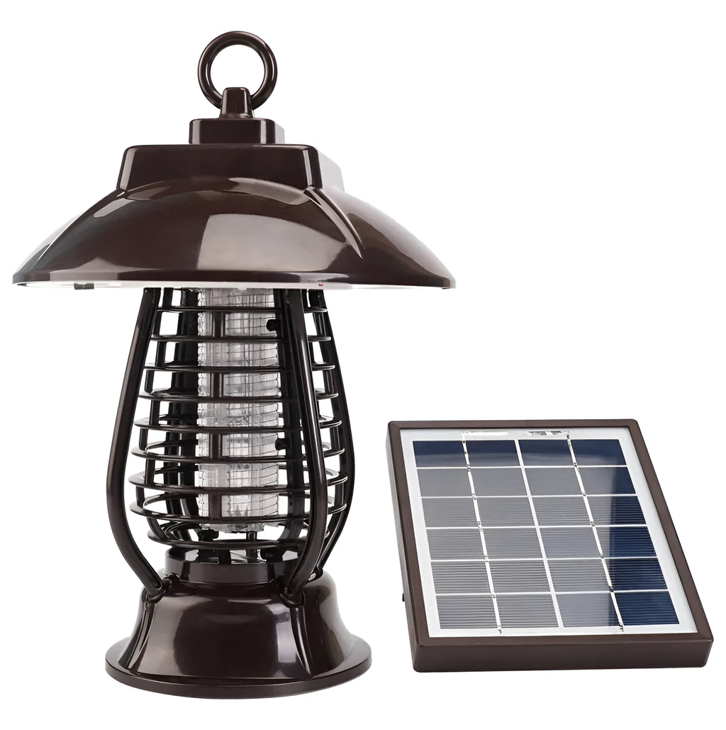 Black solar mosquito lamp with solar panel on top and LED lights for garden insect control